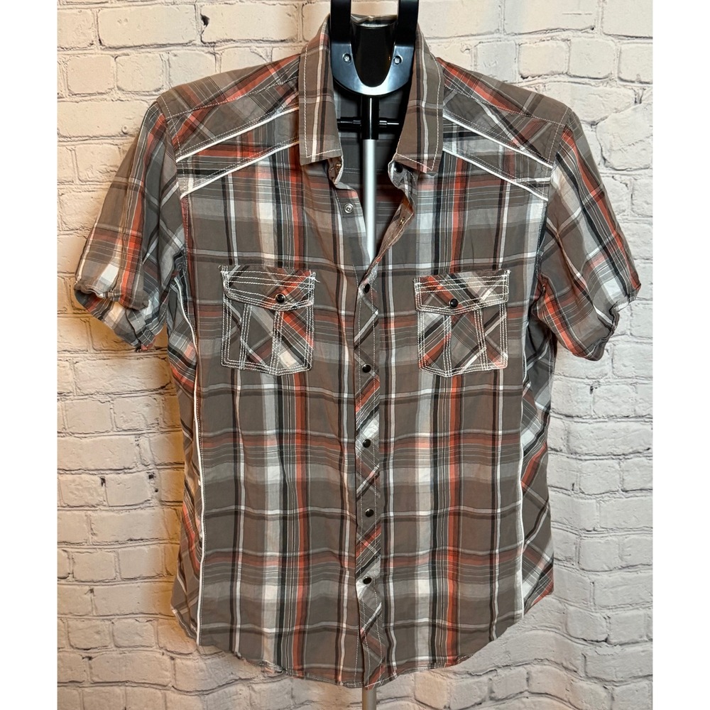 Helix Mens Large Athletic Fit Short Sleeve Plaid Western Snap Front Shirt Brown